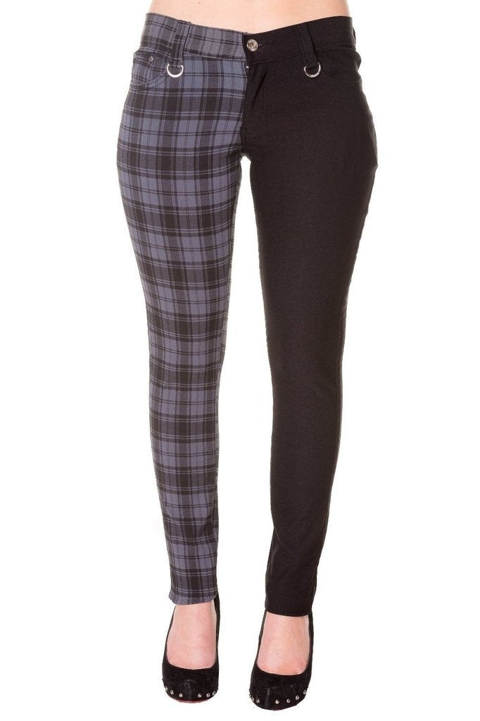 Half Black Half Check Skinny Jeans-Banned-Dark Fashion Clothing