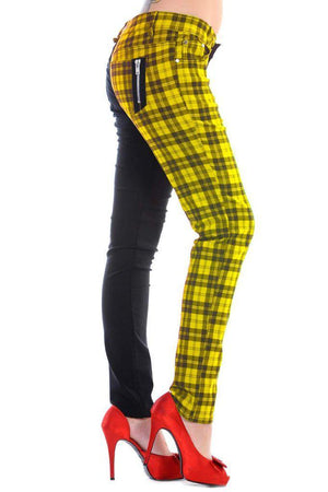 Half Black Half Check Skinny Jeans-Banned-Dark Fashion Clothing