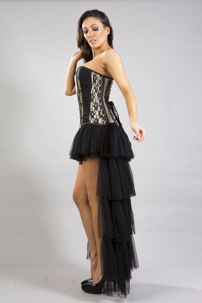 Helena Overbust Long Line Corset In Taffeta & Black Lace And Chiffon-Burleska-Dark Fashion Clothing
