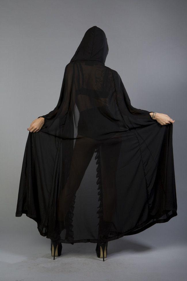 Hooded Gothic Victorian Cape In Black Chiffon-Burleska-Dark Fashion Clothing