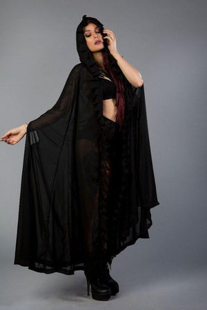 Hooded Gothic Victorian Cape In Black Chiffon-Burleska-Dark Fashion Clothing