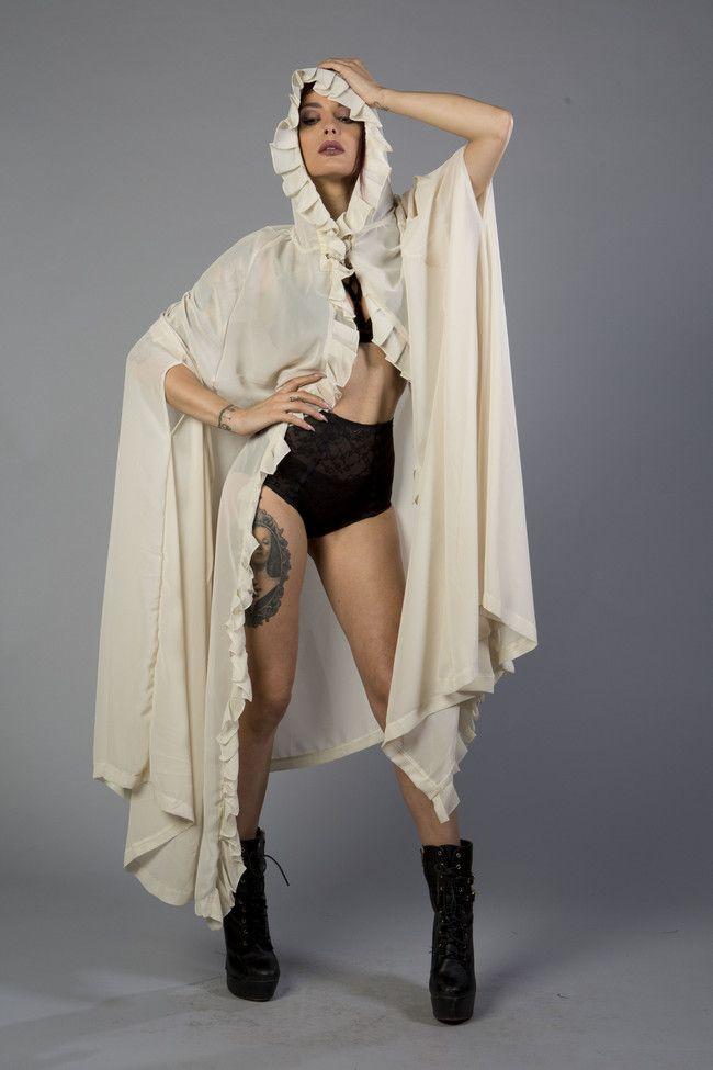 Hooded Gothic Victorian Cape In Cream Chiffon-Burleska-Dark Fashion Clothing