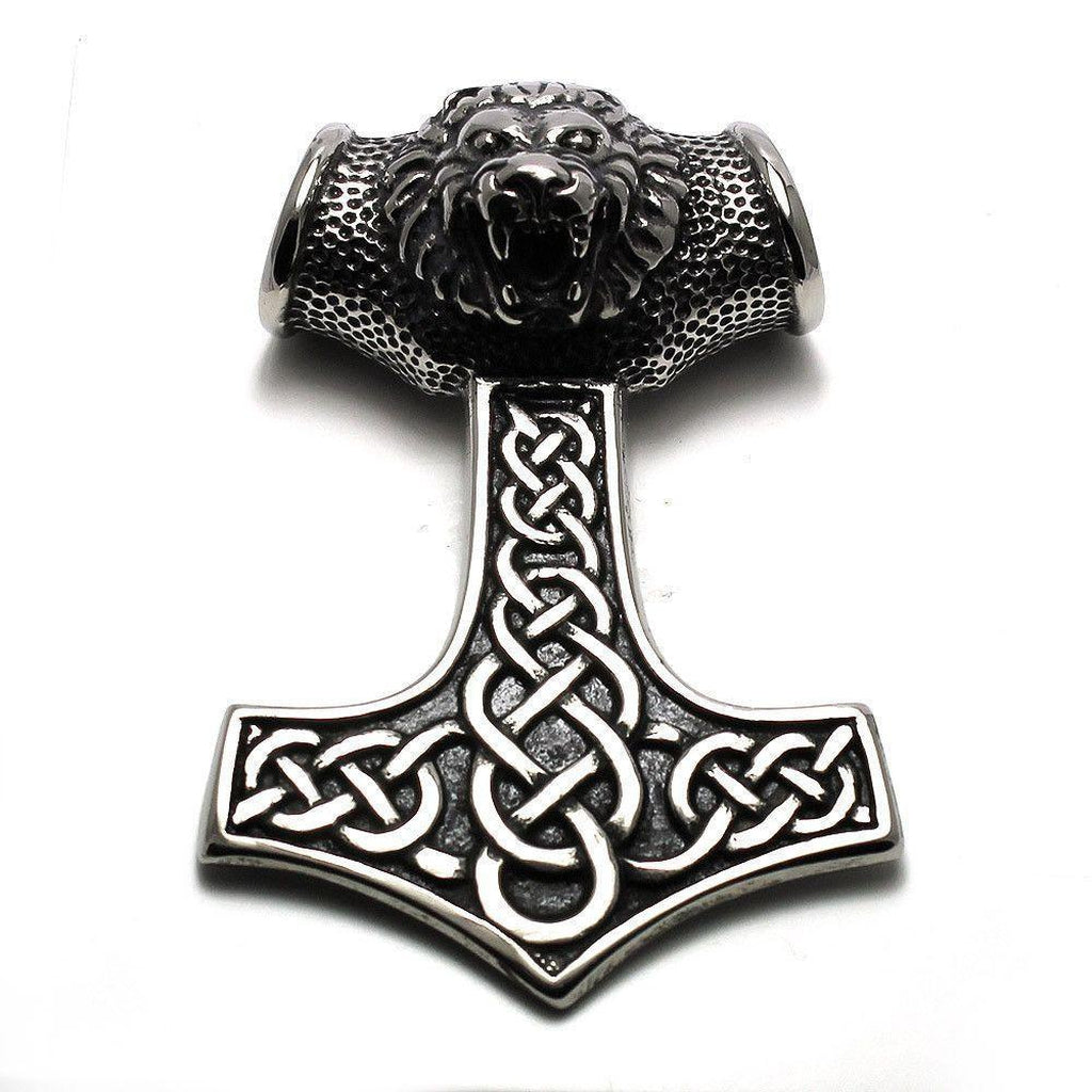 Huge Lion and Thor's Hammer Pendant - Stainless Steel-Badboy-Dark Fashion Clothing