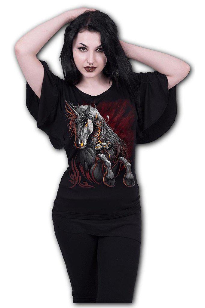 Infernal Unicorn - Boat Neck Bat Sleeve Top Black-Spiral-Dark Fashion Clothing