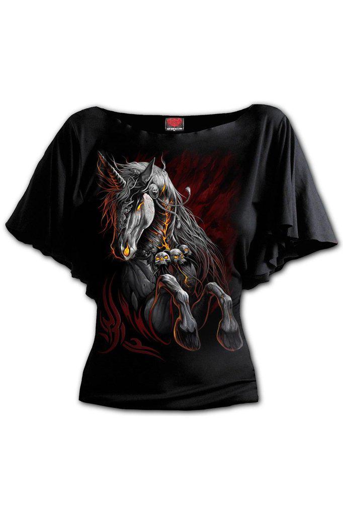 Infernal Unicorn - Boat Neck Bat Sleeve Top Black-Spiral-Dark Fashion Clothing