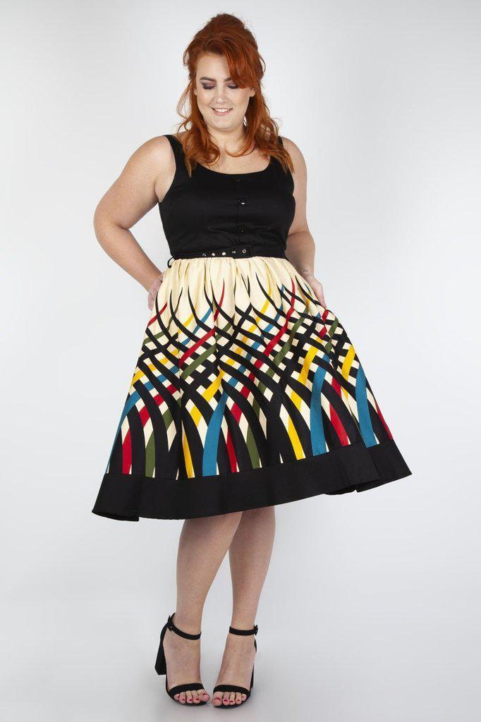 Jean Border Print Flared Dress-Voodoo Vixen-Dark Fashion Clothing