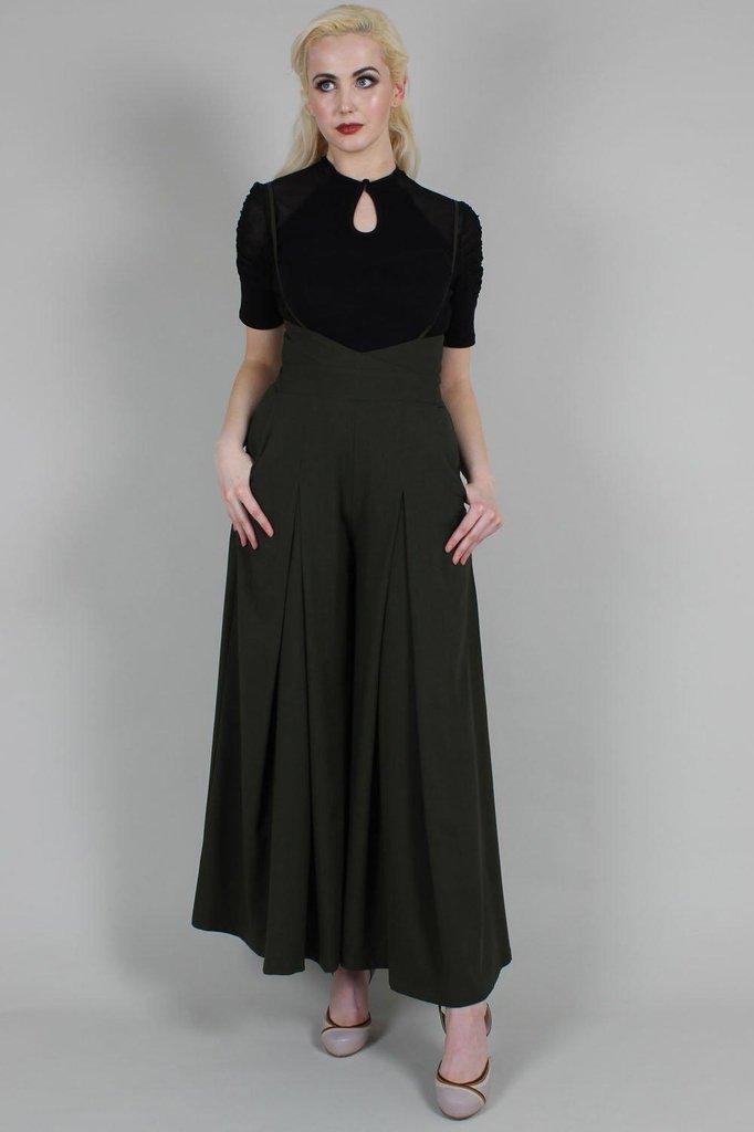 Kourt Olive High-Waisted Trousers With Suspenders-Voodoo Vixen-Dark Fashion Clothing