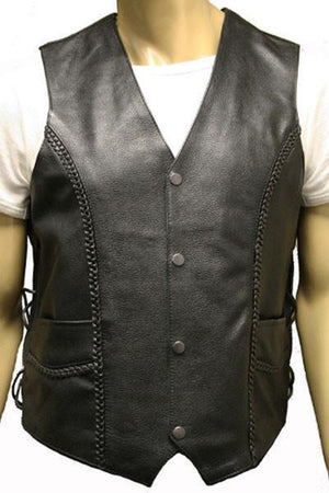 Lace Side Woven Plait Biker Waistcoat-Skintan Leather-Dark Fashion Clothing