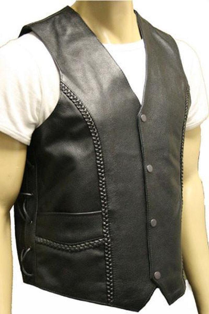 Lace Side Woven Plait Biker Waistcoat-Skintan Leather-Dark Fashion Clothing