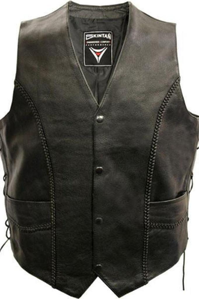 Lace Side Woven Plait Biker Waistcoat-Skintan Leather-Dark Fashion Clothing