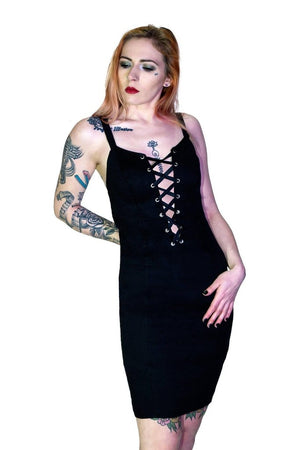 Lace-Up Ribbon Black Mini Dress - Locasta-Dr Faust-Dark Fashion Clothing