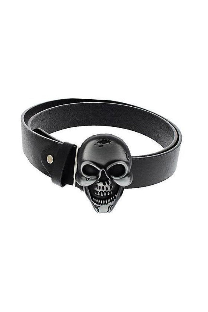 Large Skull Buckle Black Vegan Leather Belt - Arthur-Dr Faust-Dark Fashion Clothing