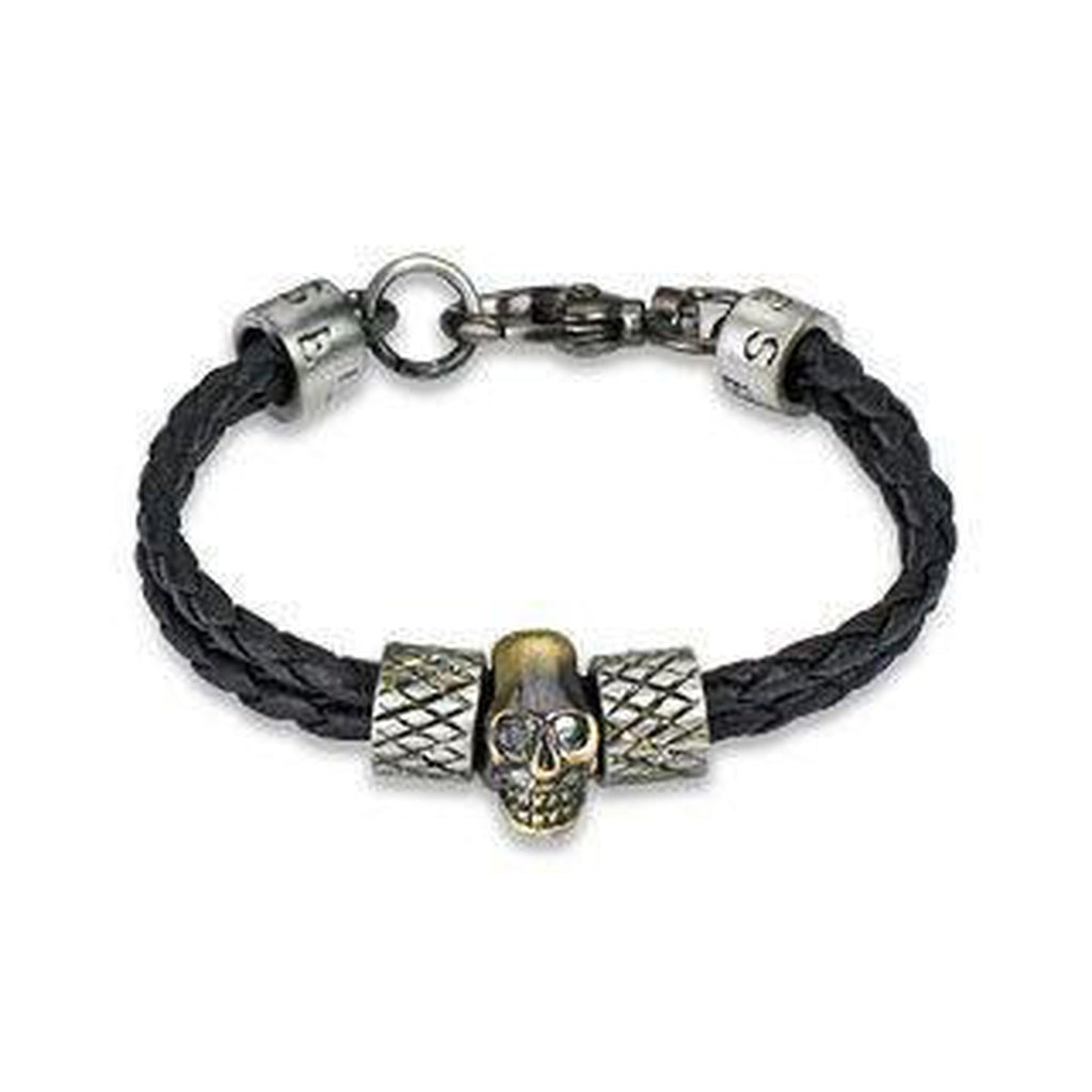 Leather and Steel Bracelet With Gold Coloured Skull-Badboy-Dark Fashion Clothing