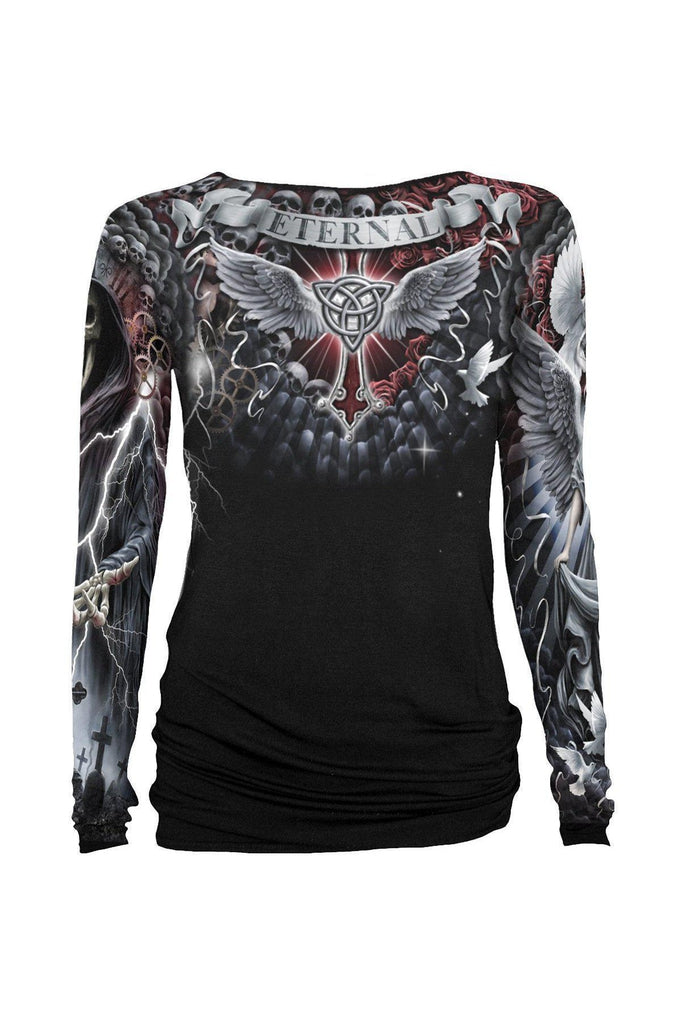 Life And Death Cross - Allover Baggy Top Black-Spiral-Dark Fashion Clothing