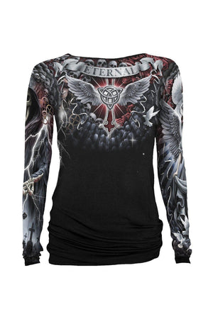 Life And Death Cross - Allover Baggy Top Black-Spiral-Dark Fashion Clothing