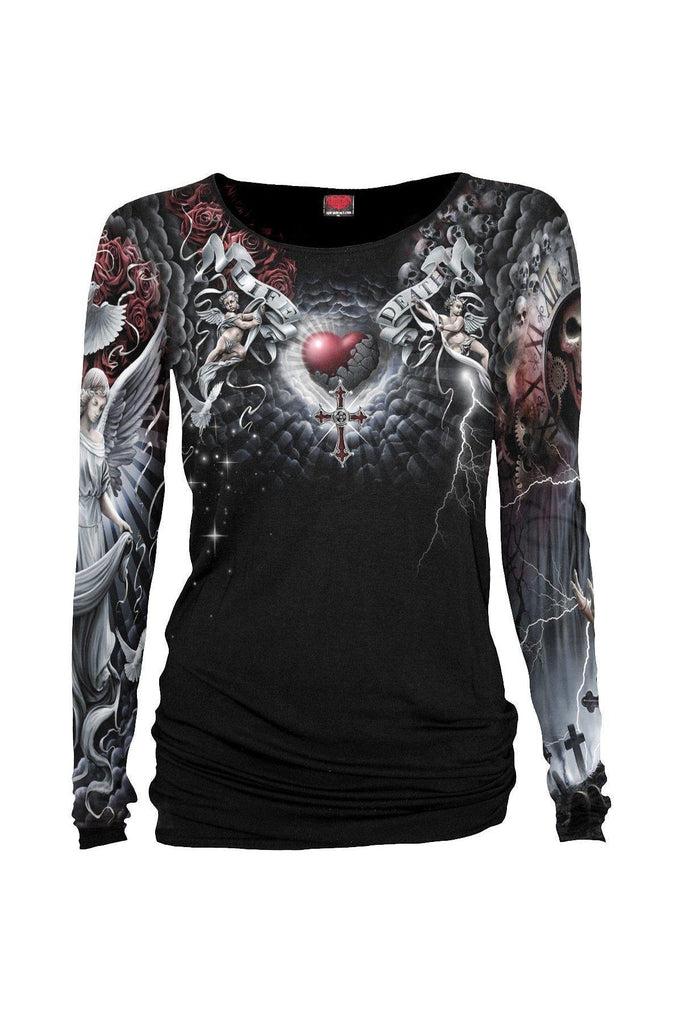 Life And Death Cross - Allover Baggy Top Black-Spiral-Dark Fashion Clothing