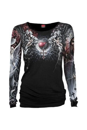 Life And Death Cross - Allover Baggy Top Black-Spiral-Dark Fashion Clothing