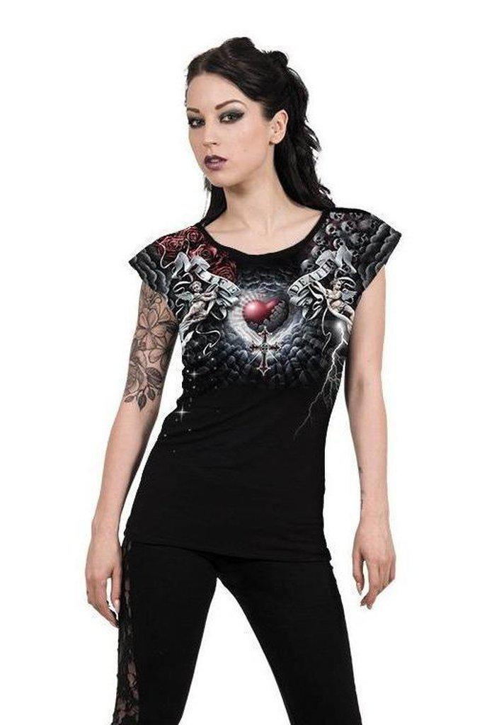 Life And Death Cross - Allover Cap Sleeve Top Black - Dark Fashion Clothing