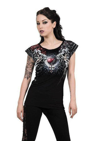 Life And Death Cross - Allover Cap Sleeve Top Black-Spiral-Dark Fashion Clothing