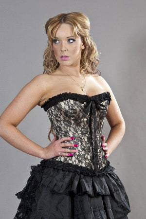 Lily Overbust Steel Boned Corset In Satin & Black Lace Overlay-Burleska-Dark Fashion Clothing