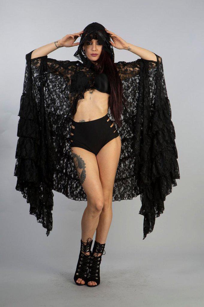 Mademoiselle Hooded Cape In Black Lace-Burleska-Dark Fashion Clothing