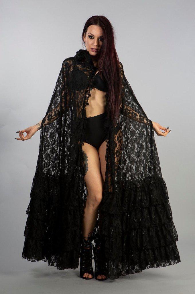 Mademoiselle Hooded Cape In Black Lace-Burleska-Dark Fashion Clothing