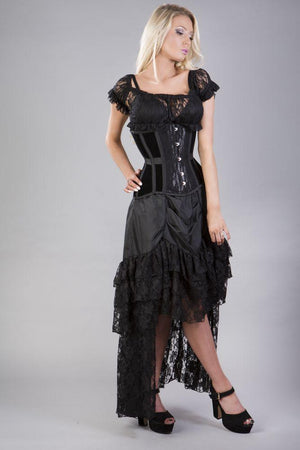Morgana Underbust Steel Boned Corset In Black Velvet Flock With Black Lace-Burleska-Dark Fashion Clothing