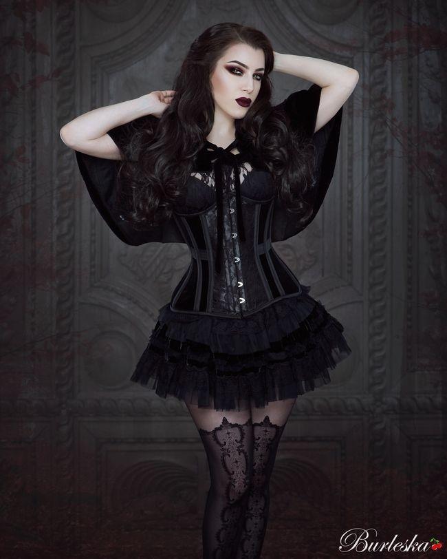 Morgana Underbust Steel Boned Corset In Black Velvet Flock With Black Lace-Burleska-Dark Fashion Clothing