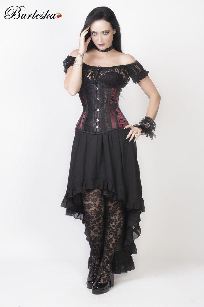 Morgana Underbust Steel Boned Corset In Burgundy Satin Flock With Black Lace-Burleska-Dark Fashion Clothing