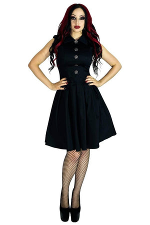 Occult Silver Pentagram Buttons Black Midi Dress - Hattie-Dr Faust-Dark Fashion Clothing