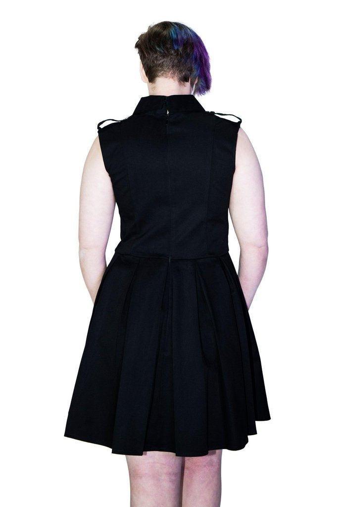 Occult Silver Pentagram Buttons Black Plus Size Midi Dress - Hattie-Dr Faust-Dark Fashion Clothing