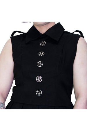 Occult Silver Pentagram Buttons Black Plus Size Midi Dress - Hattie-Dr Faust-Dark Fashion Clothing