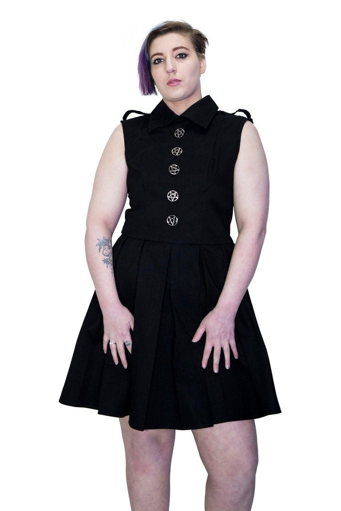 Occult Silver Pentagram Buttons Black Plus Size Midi Dress - Hattie-Dr Faust-Dark Fashion Clothing
