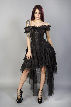 Ophelie Burlesque Corset Dress In Brown Stripe Brocade Black Lace - Burleska