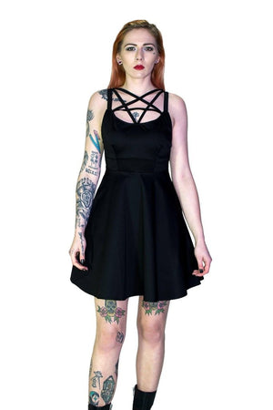 Pentagram Strap Black Mini Dress - Tamsyn-Dr Faust-Dark Fashion Clothing