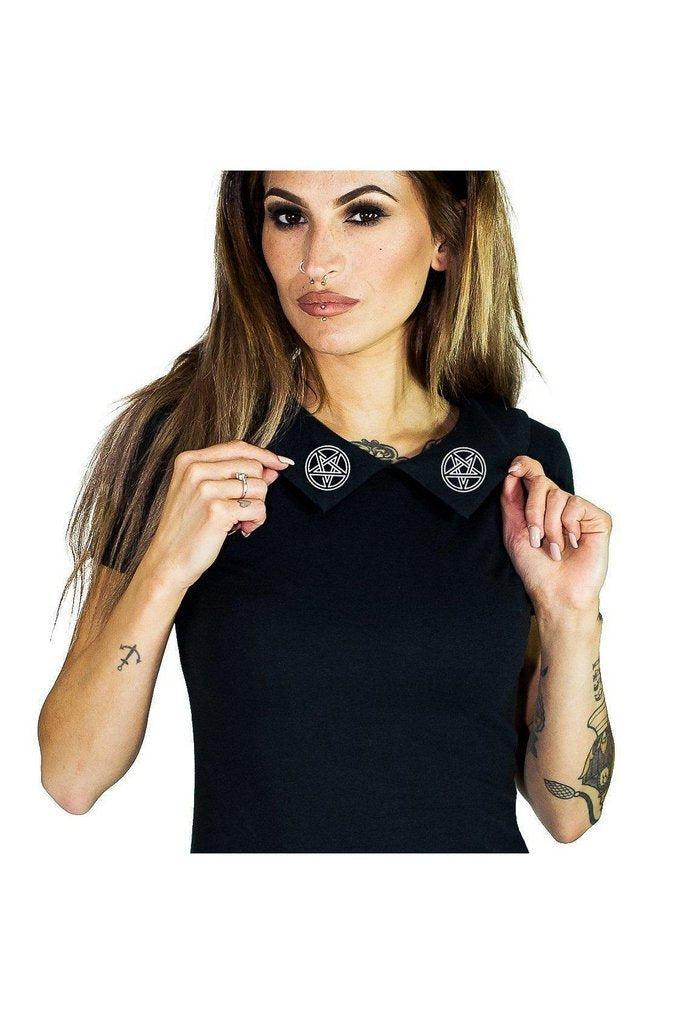 Pentagrams on Collar Long Nu Goth Black Maxi Dress - Giuliana-Dr Faust-Dark Fashion Clothing