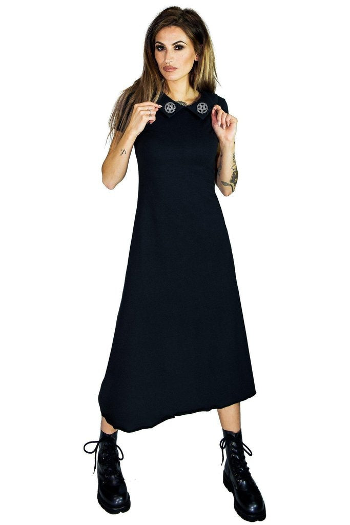 Pentagrams on Collar Long Nu Goth Black Maxi Dress - Giuliana-Dr Faust-Dark Fashion Clothing