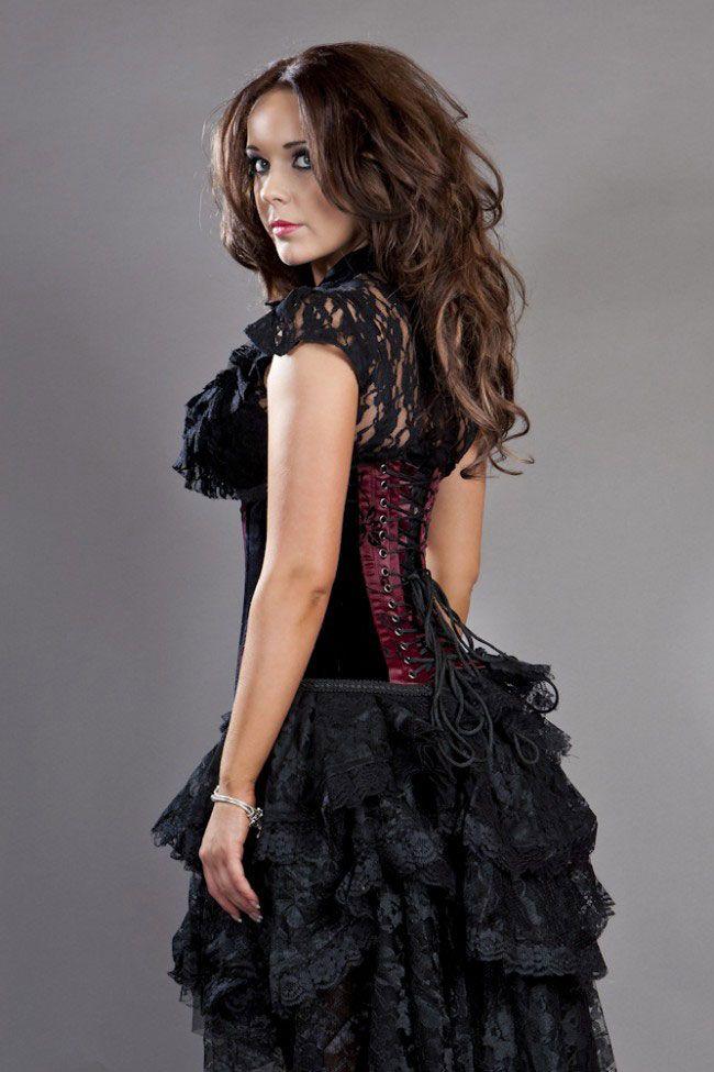 Petra Long Line Steel Boned Underbust Corset In Satin Flock-Burleska-Dark Fashion Clothing