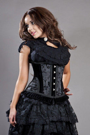 Petra Long Line Steel Boned Underbust Corset In Satin Flock-Burleska-Dark Fashion Clothing