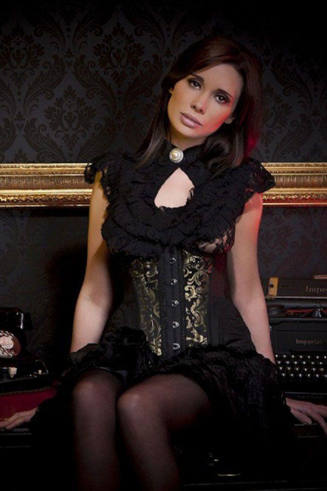 Petra Long Line Steel Boned Underbust Corset In Scroll Brocade-Burleska-Dark Fashion Clothing