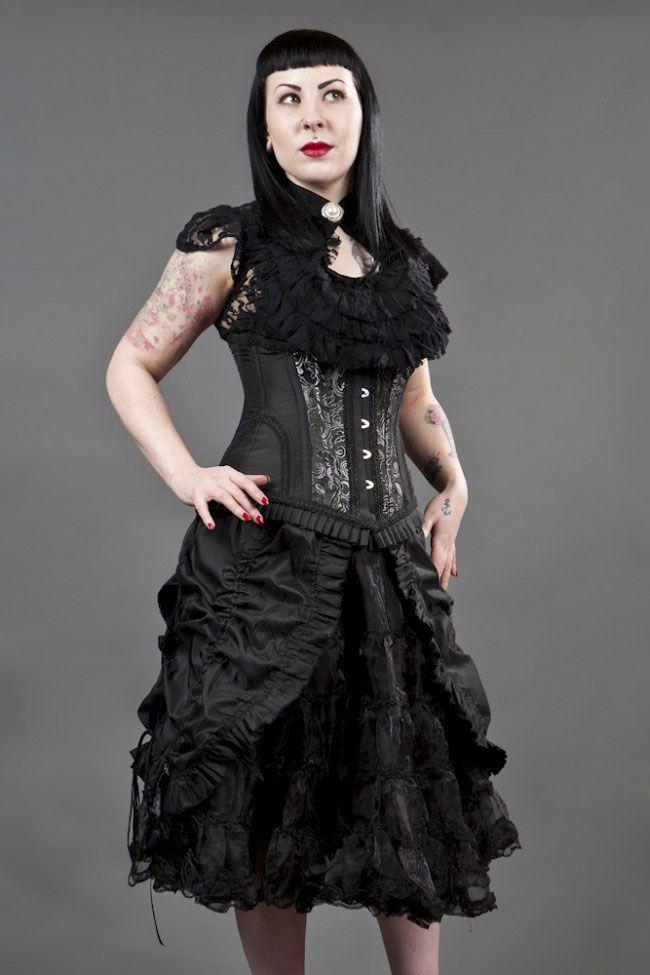 Petra Long Line Steel Boned Underbust Corset In Scroll Brocade-Burleska-Dark Fashion Clothing