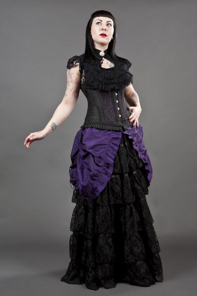 Petra Long Line Steel Boned Underbust Corset In Scroll Brocade-Burleska-Dark Fashion Clothing
