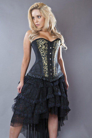 Petra Overbust Long Line Corset In Scroll Brocade-Burleska-Dark Fashion Clothing