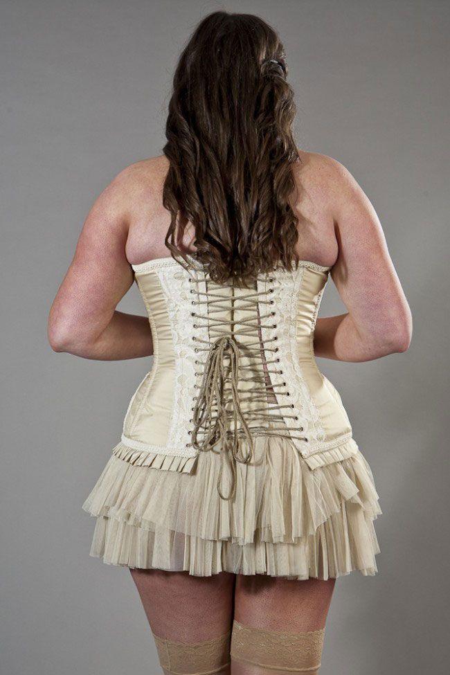 Petra Overbust Plus Size Corset In Cream Taffeta & Cream Lace Overlay-Burleska-Dark Fashion Clothing