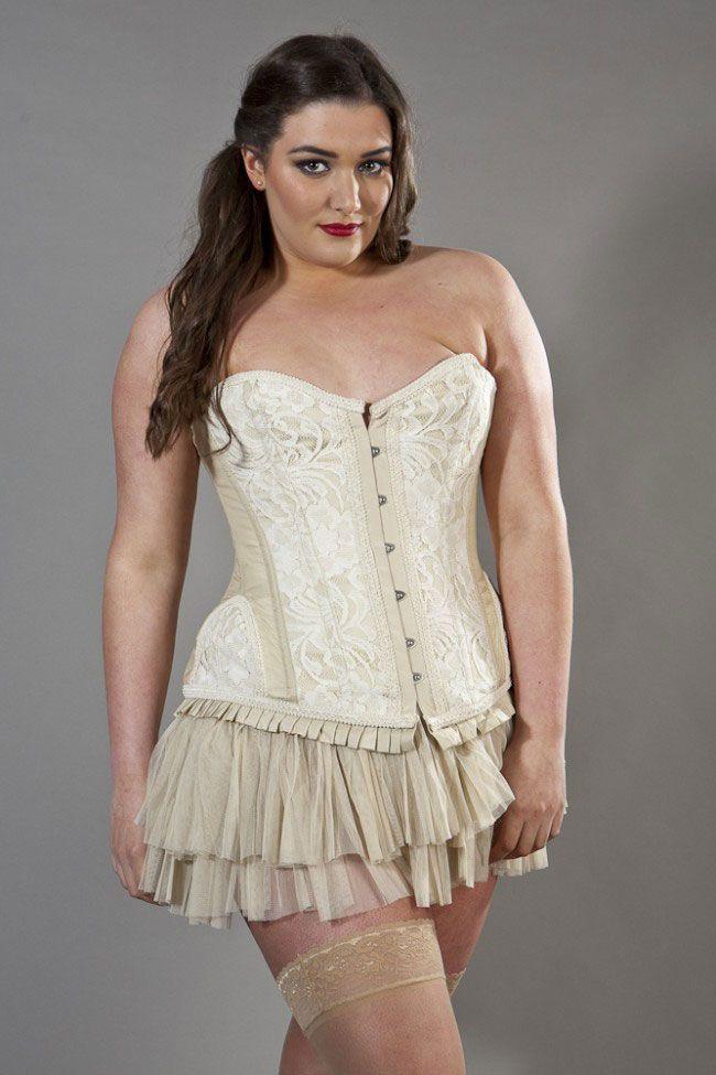 Petra Overbust Plus Size Corset In Cream Taffeta & Cream Lace Overlay-Burleska-Dark Fashion Clothing