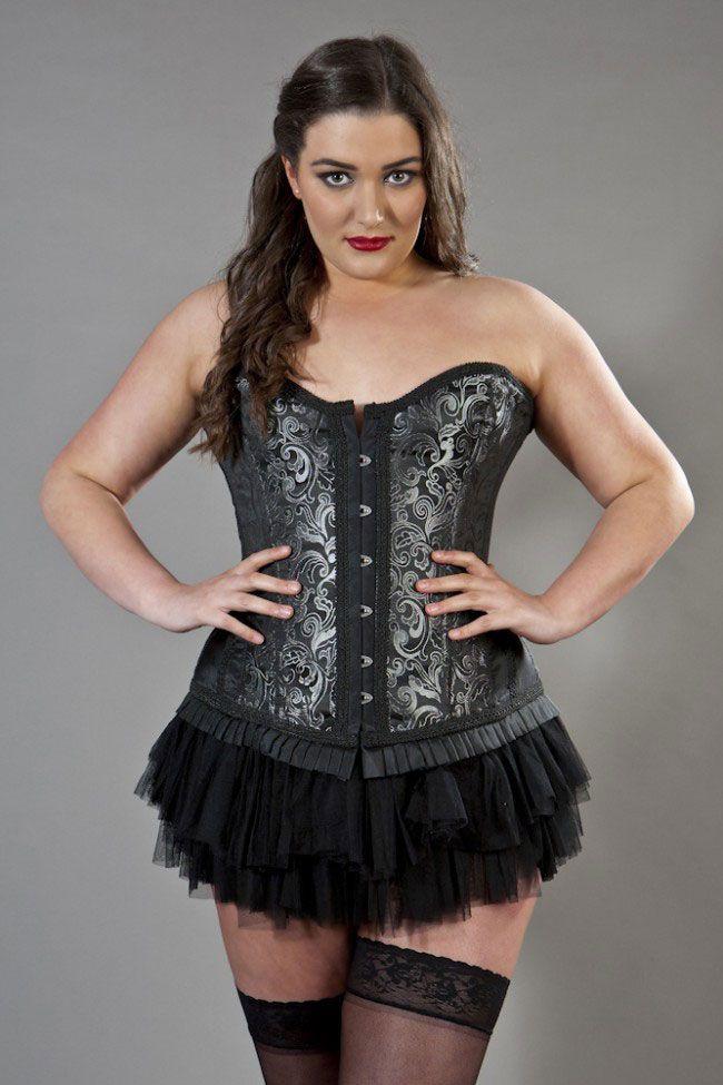 Petra Overbust Plus Size Steel Boned Corset In Scroll Brocade-Burleska-Dark Fashion Clothing