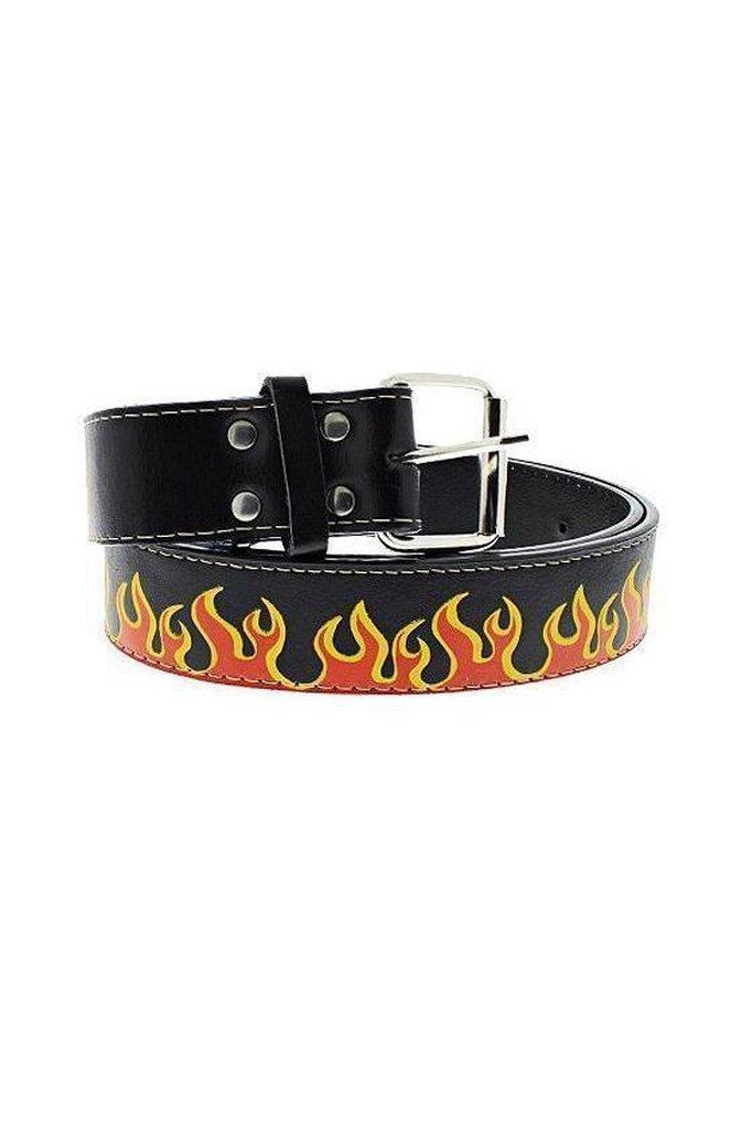 Printed Flame Black Vegan Leather Belt - Markus-Dr Faust-Dark Fashion Clothing