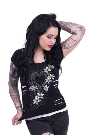 Pure Of Heart - 2In1 White Ripped Top Black-Spiral-Dark Fashion Clothing