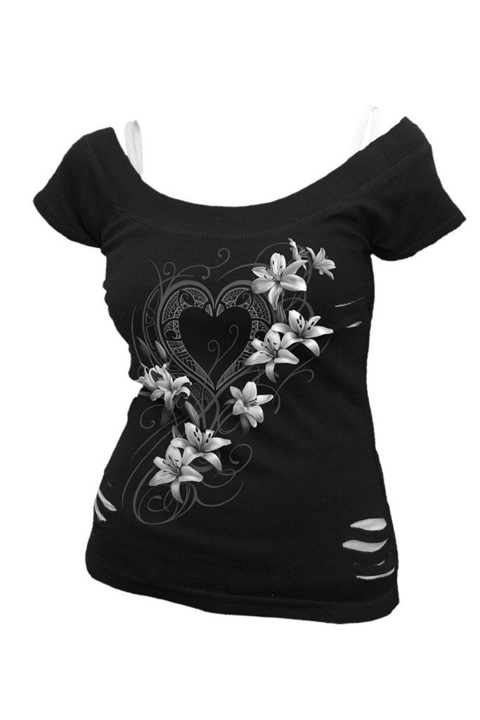 Pure Of Heart - 2In1 White Ripped Top Black-Spiral-Dark Fashion Clothing