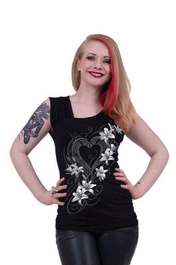 Pure Of Heart - Gathered Shoulder Slant Vest Black-Spiral-Dark Fashion Clothing